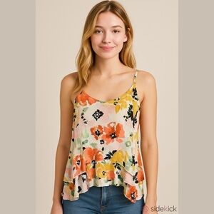 Volcom Floral Ruffle Hem Tank Top Small Sleeveless Boho Festival Casual Cami
